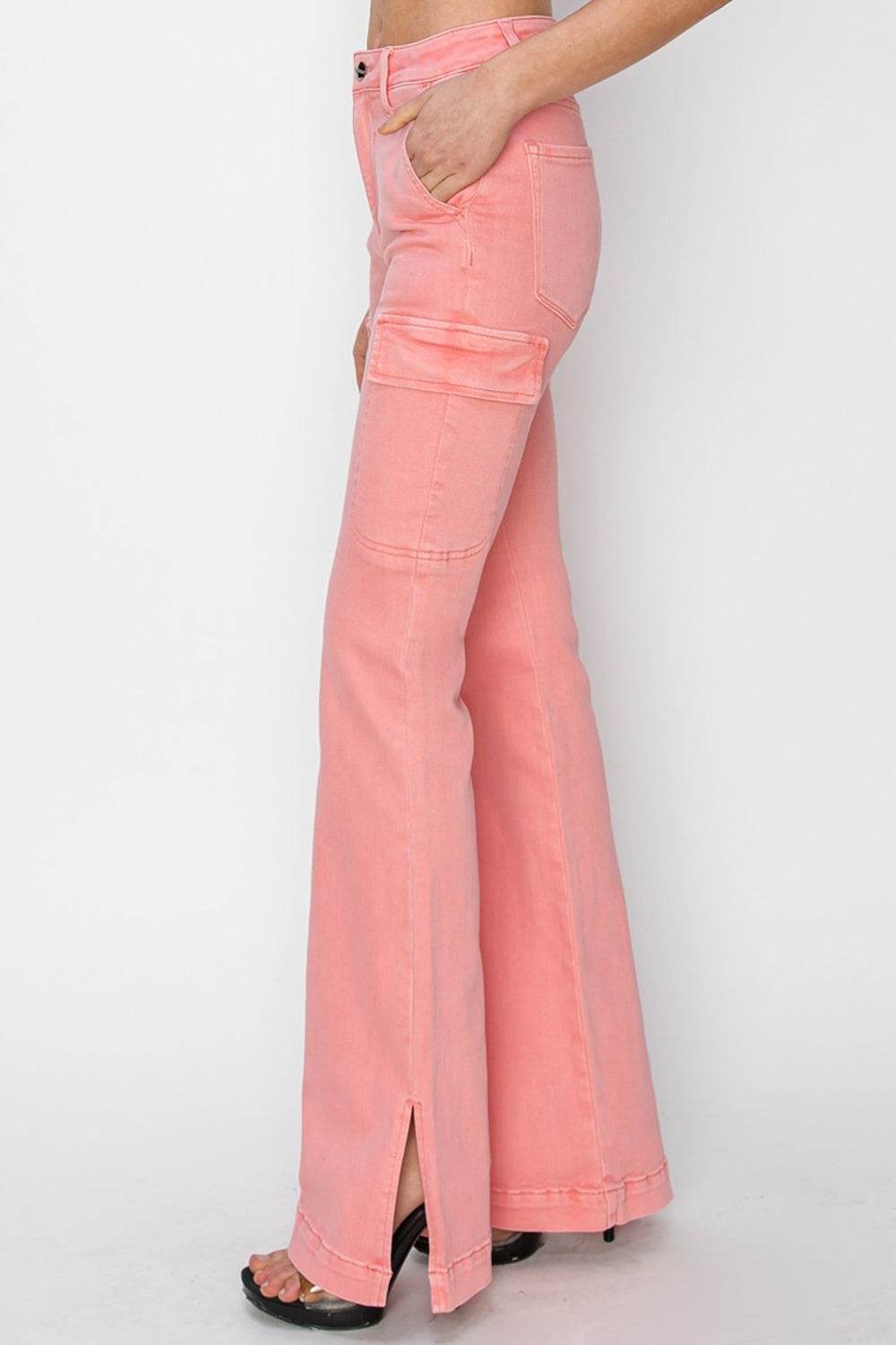 RISEN Full Size High Rise Side Slit Cargo Bootcut Jeans - DaTrendStore.Com