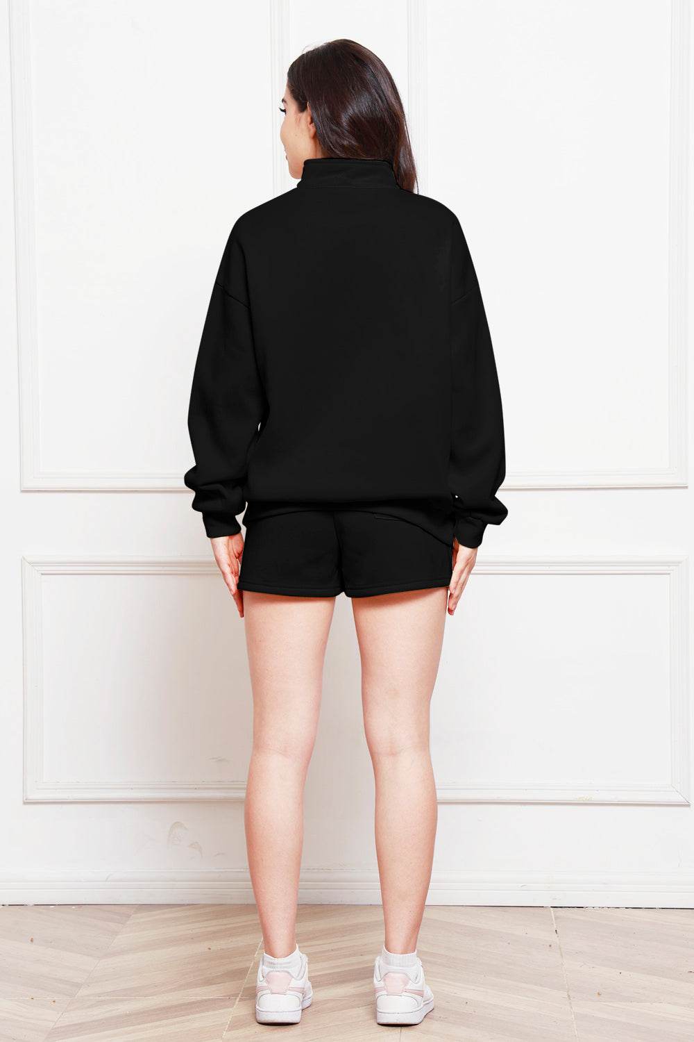 Half Zip Long Sleeve Sweatshirt and Drawstring Shorts Set - DaTrendStore.Com