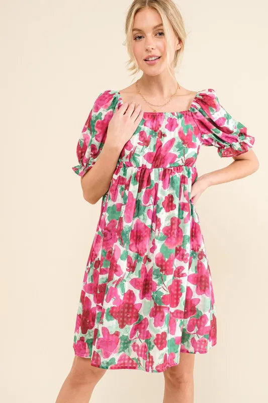 And The Why Fuchsia Smocked Floral Mini Dress