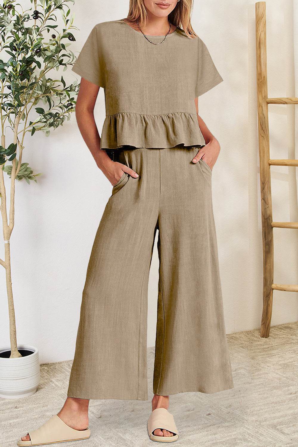 Peplum Round Neck Short Sleeve Top and Pants Set - DaTrendStore.Com