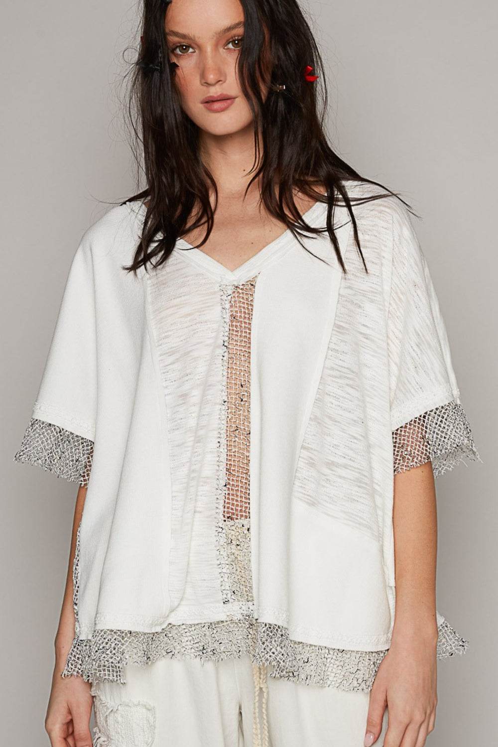 POL Openwork V-Neck Half Sleeve Top - DaTrendStore.Com