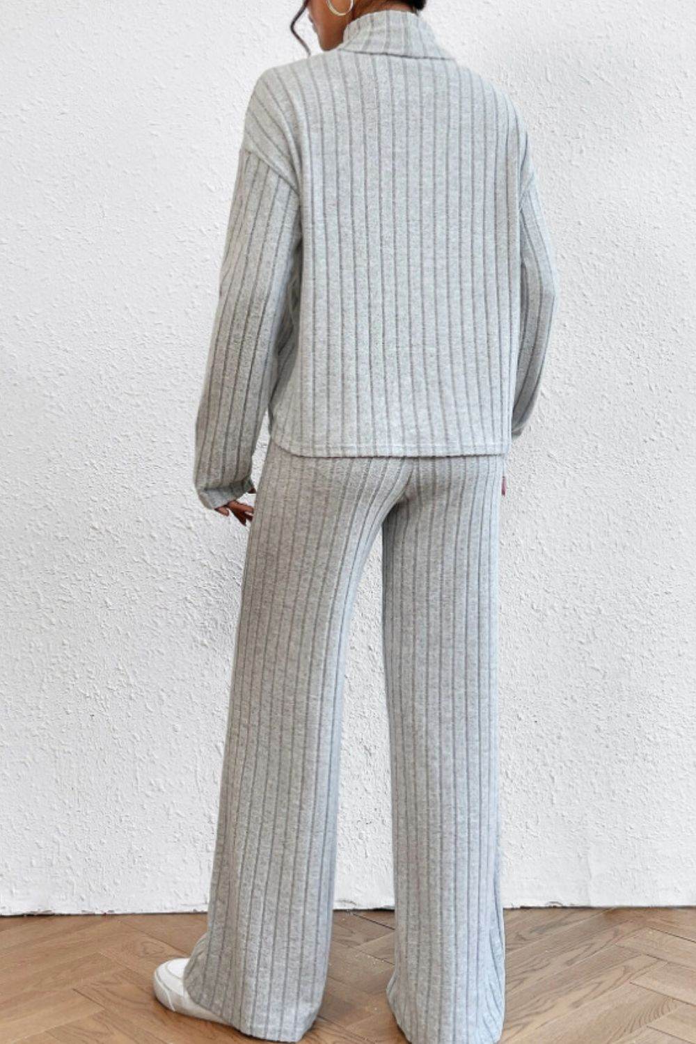 Mock Neck Dropped Shoulder Top and Pants Set - DaTrendStore.Com