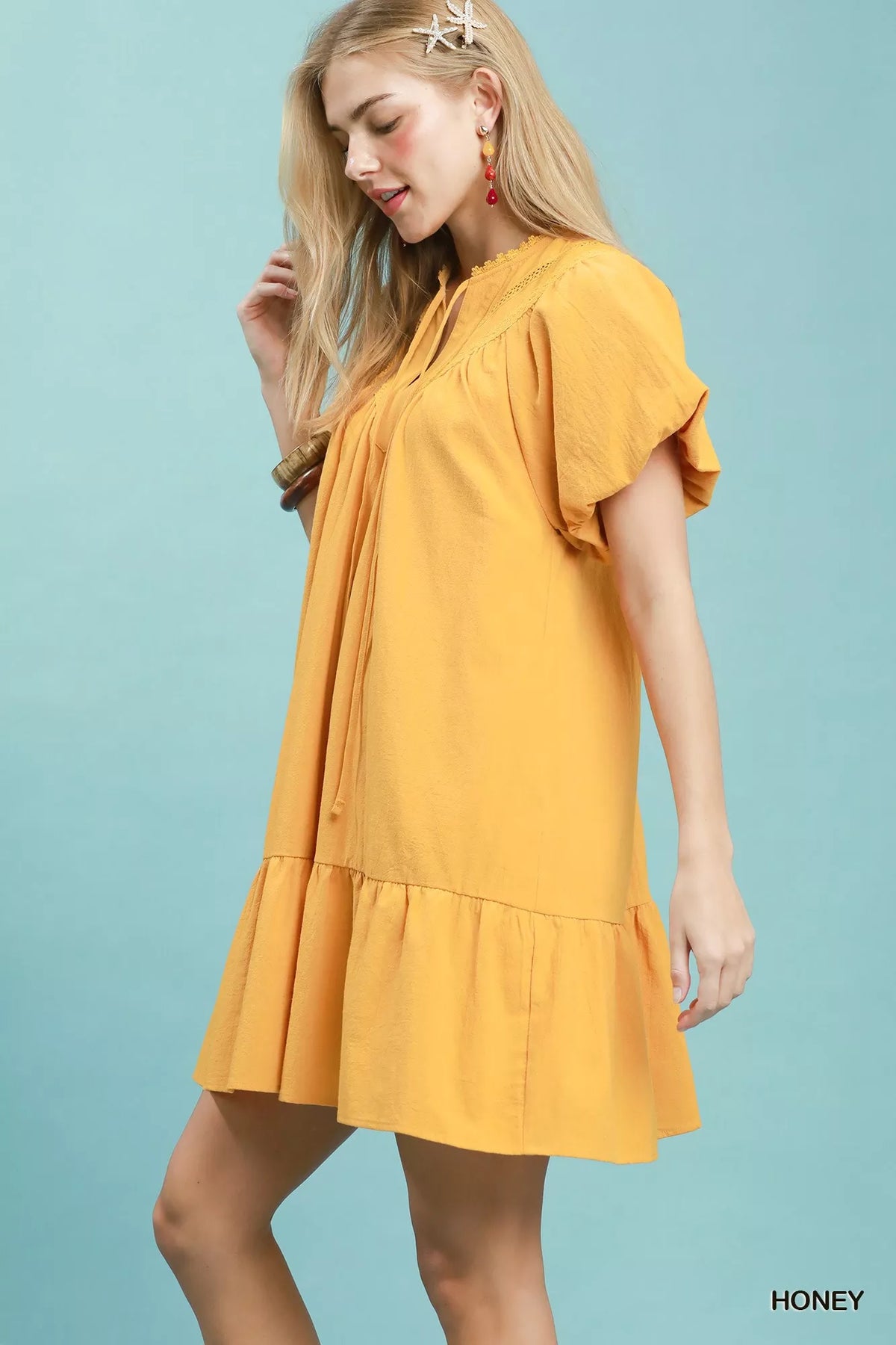 Umgee Flutter Sleeve Tassel Tie Ruffle Hem Mini Dress - Honey