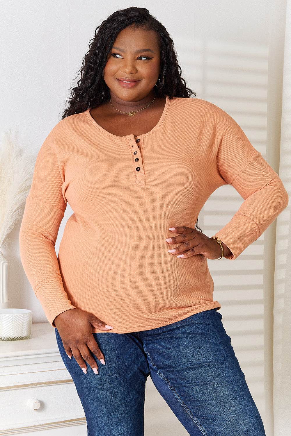 Basic Bae Half Button Long Sleeve Top - DaTrendStore.Com