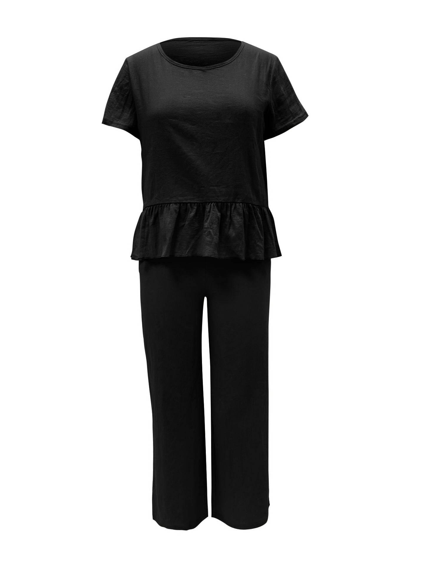 Peplum Round Neck Short Sleeve Top and Pants Set - DaTrendStore.Com