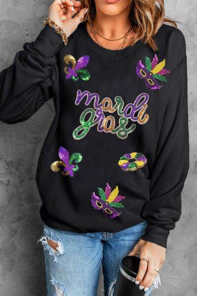 MARDI GRAS Sequin Round Neck Sweatshirt - DaTrendStore.Com