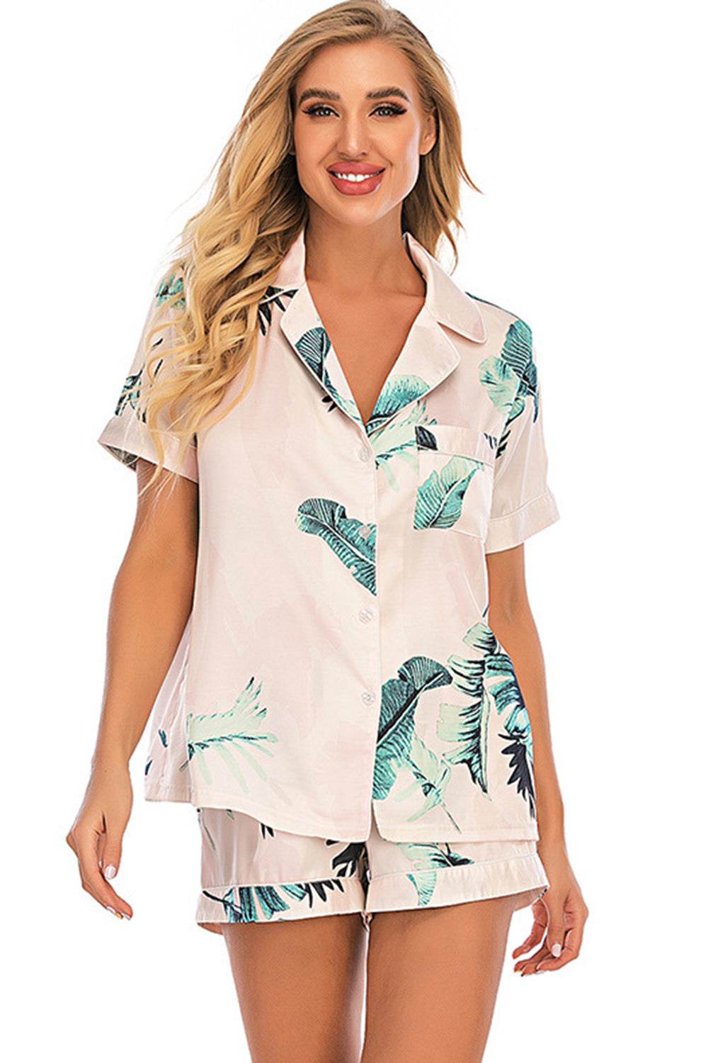 Printed Button Up Short Sleeve Top and Shorts Lounge Set - DaTrendStore.Com