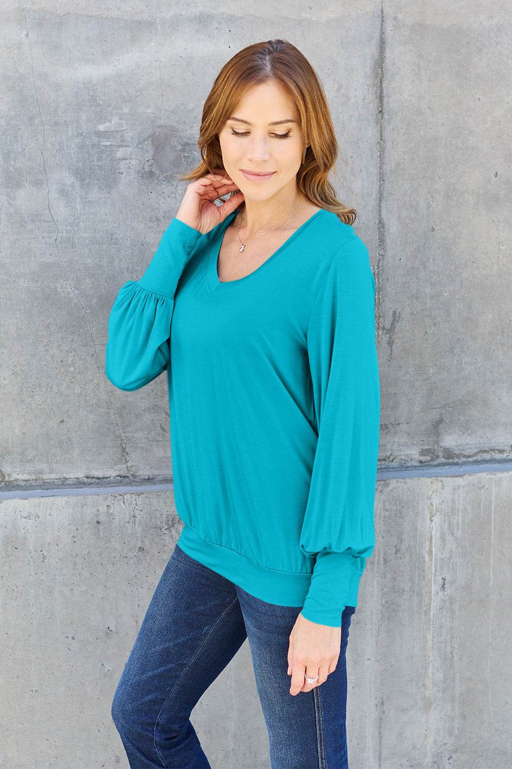 Basic Bae Full Size V-Neck Lantern Sleeve Top - DaTrendStore.Com