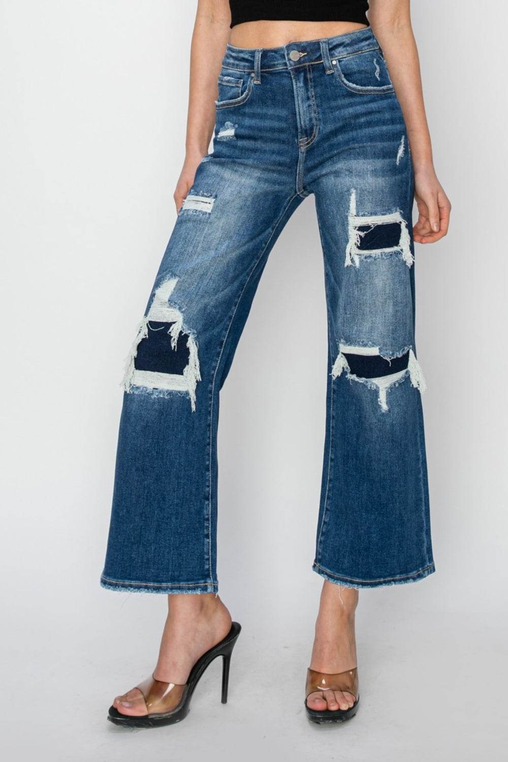Risen Full Size High Rise Patch Detailed Wide Leg Crop Jeans - DaTrendStore.Com