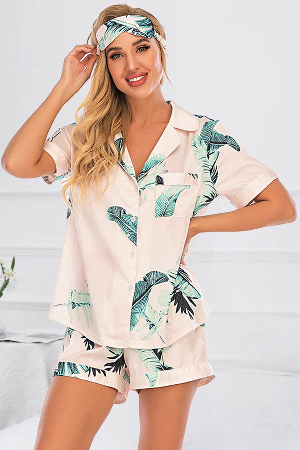 Printed Button Up Short Sleeve Top and Shorts Lounge Set - DaTrendStore.Com