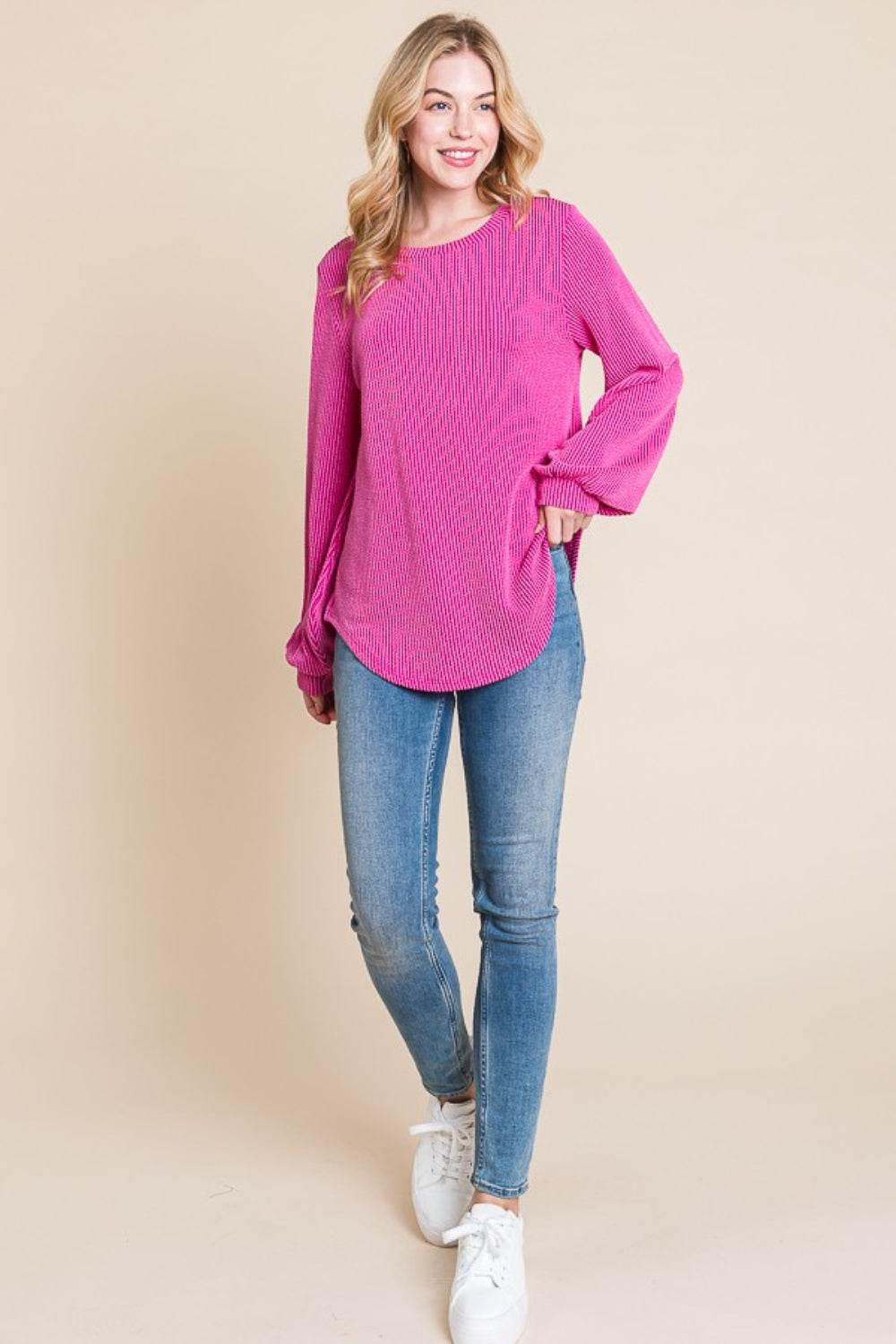 BOMBOM Long Sleeve Curved Hem Ribbed T-Shirt - DaTrendStore.Com