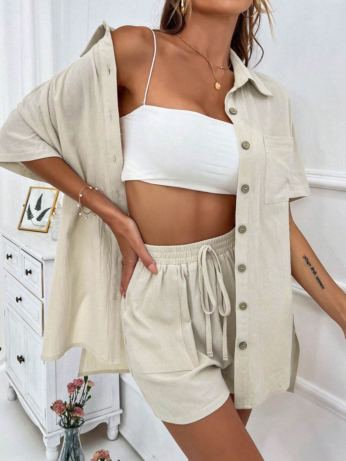 Honey Button Up Half Sleeve Top and Shorts Set - DaTrendStore.Com