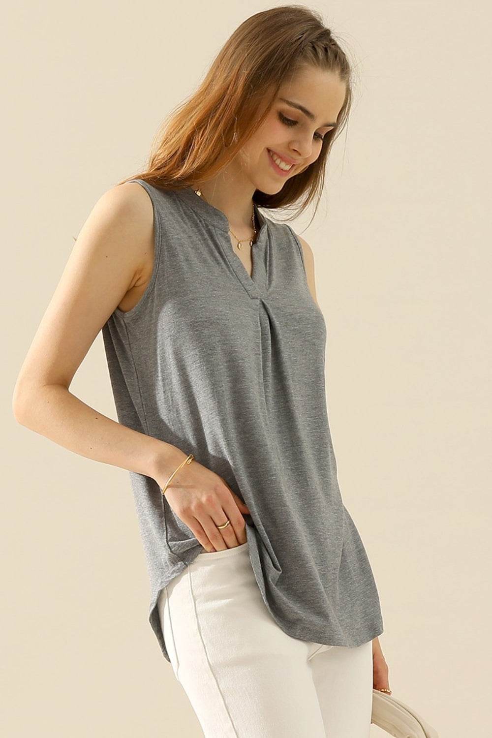 Ninexis Full Size Notched Sleeveless Top - DaTrendStore.Com