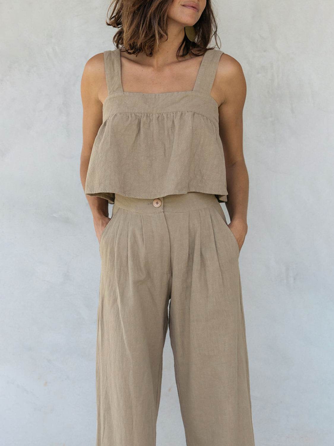 Square Neck Wide Strap Top and Pants Set - DaTrendStore.Com