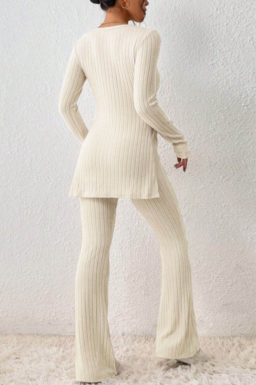 Ribbed Long Sleeve Slit Top and Bootcut Pants Set - DaTrendStore.Com