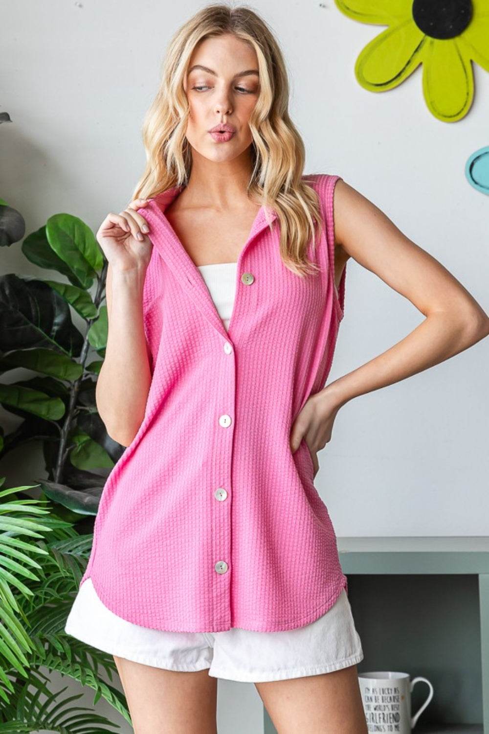 Heimish Full Size Texture Button Up Sleeveless Top - DaTrendStore.Com
