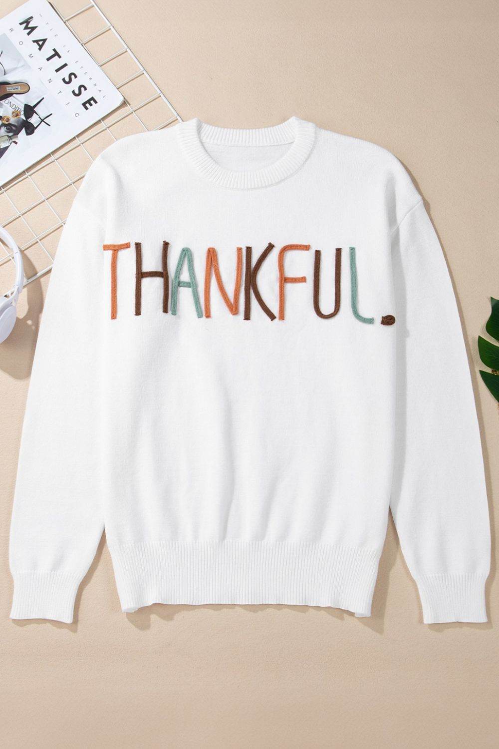 THANKFUL Round Neck Drop Shoulder Sweater - DaTrendStore.Com