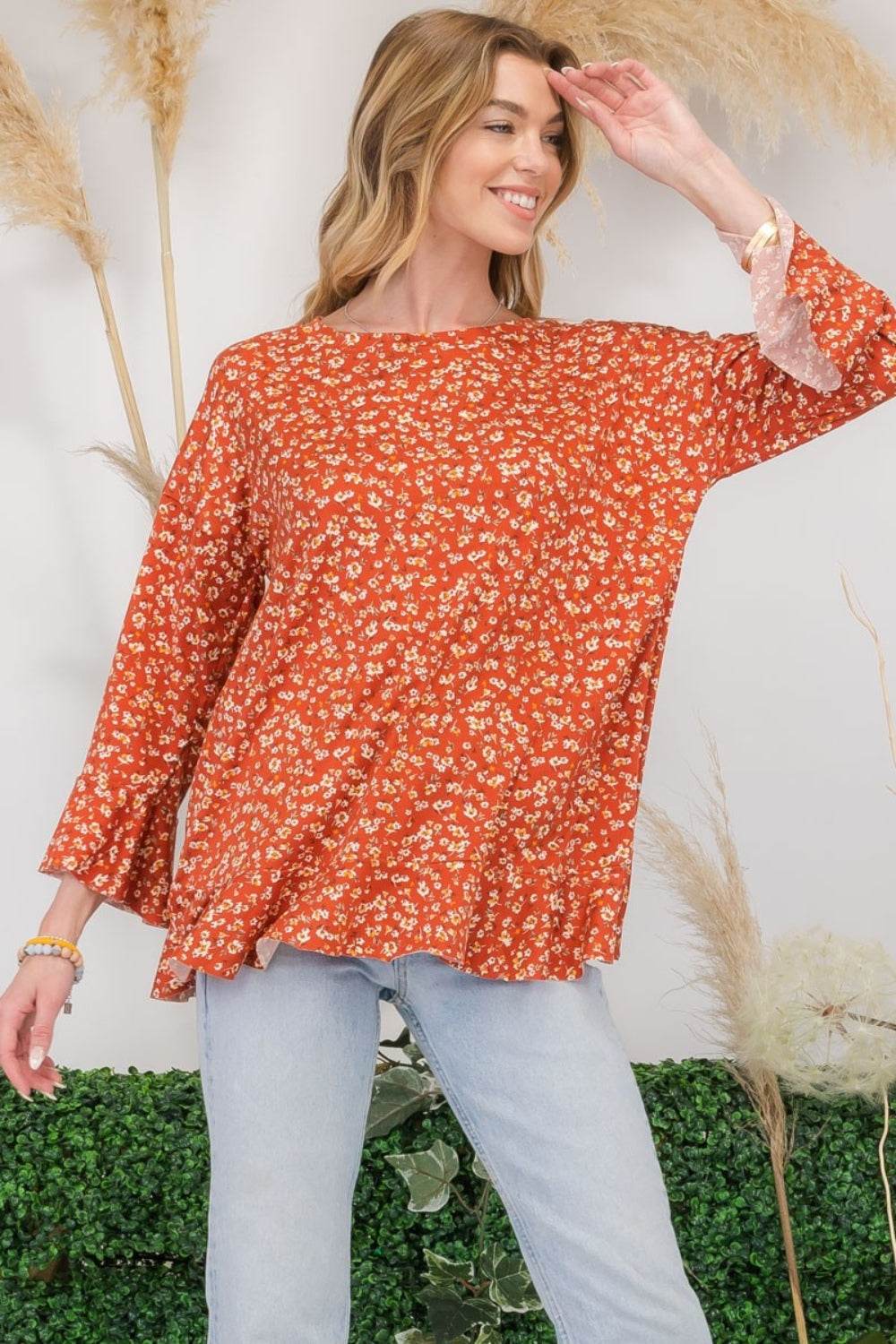 Celeste Full Size Floral Ruffle Detail Top - DaTrendStore.Com