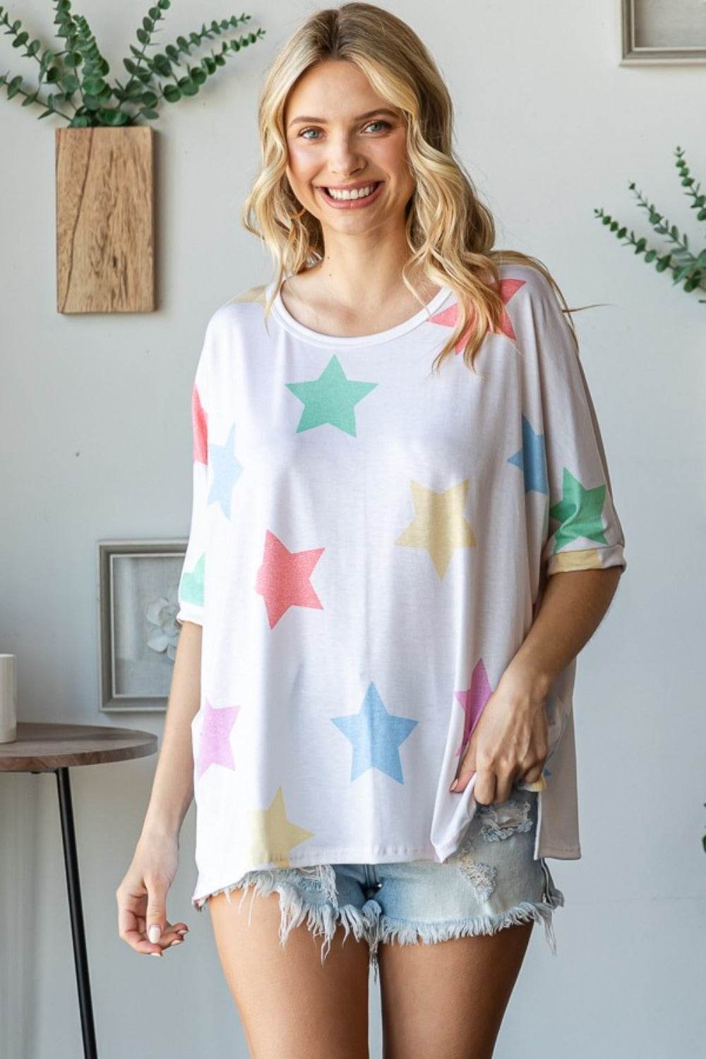 HOPELY Full Size Multi Colored Star Print T-Shirt - DaTrendStore.Com