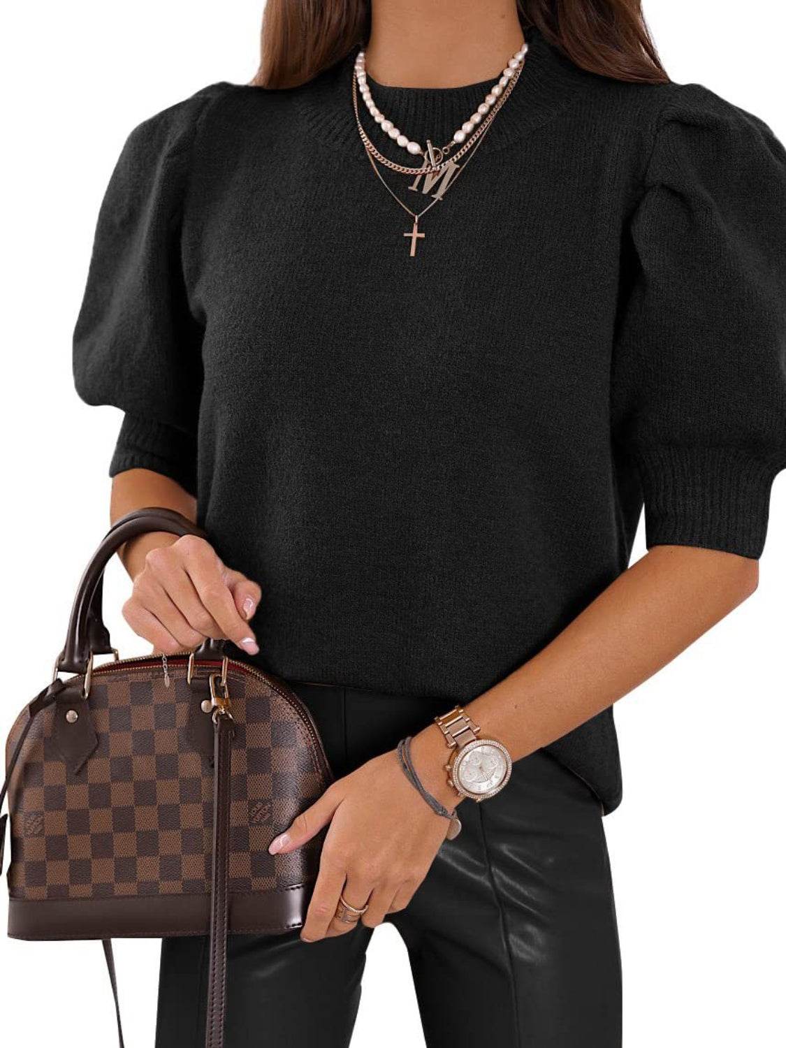 Mandy Mock Neck Puff Sleeve Sweater - DaTrendStore.Com