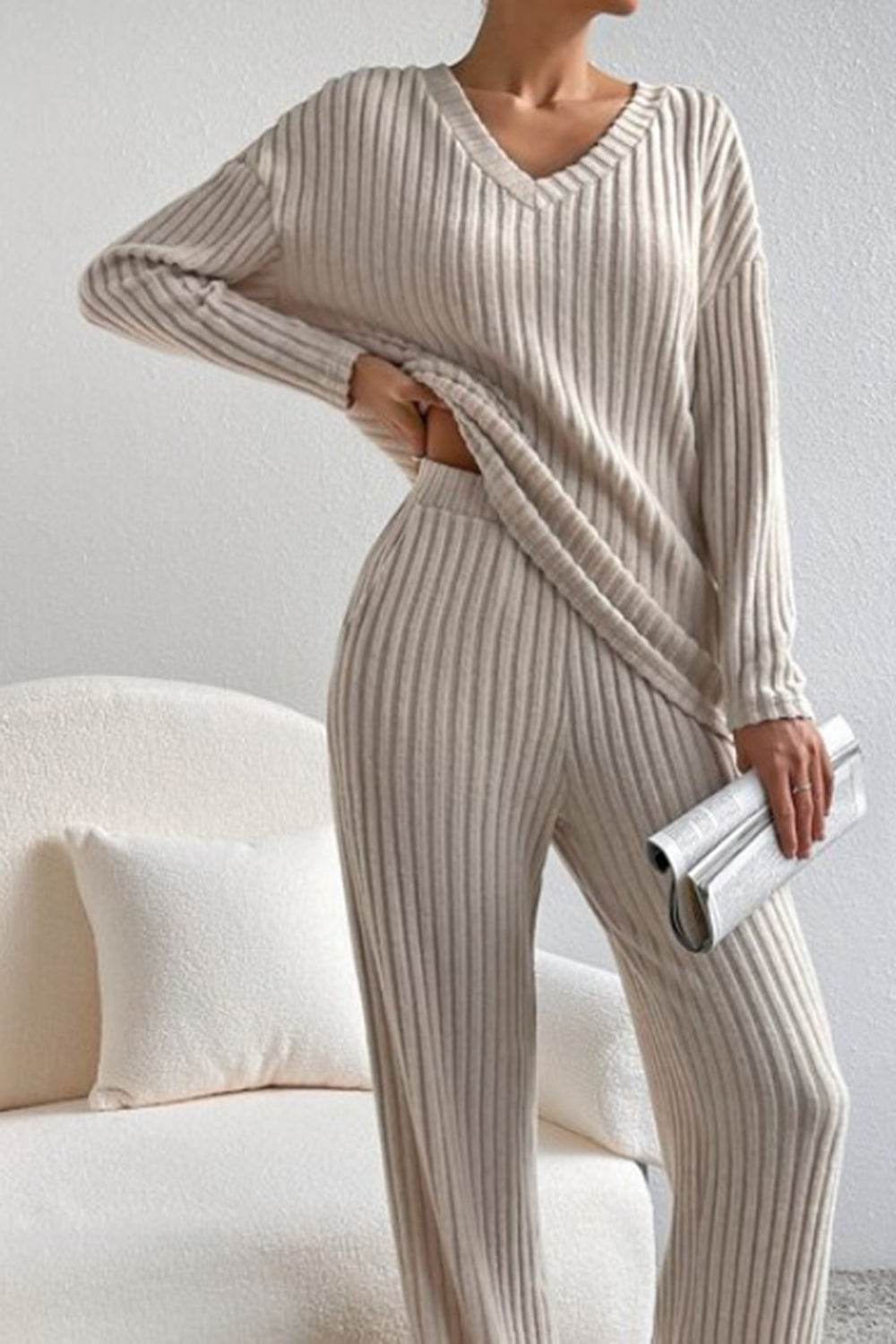 Ribbed V-Neck Top and Pants Set - DaTrendStore.Com