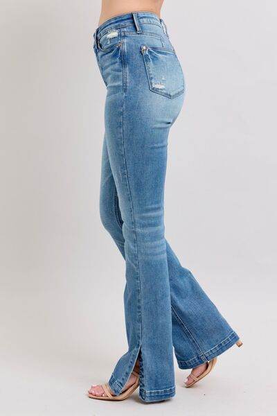 Judy Blue HW Tummy Control Vintage Wash Side Slit Slim Boot Jeans - DaTrendStore.Com