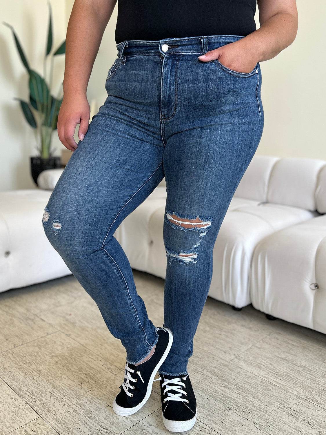 Judy Blue Full Size High Waist Distressed Skinny Jeans - DaTrendStore.Com