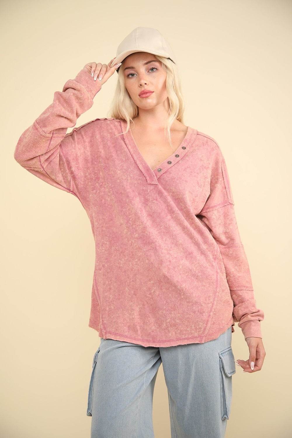 VERY J Washed V-Neck Exposed Seam Knit Top - DaTrendStore.Com