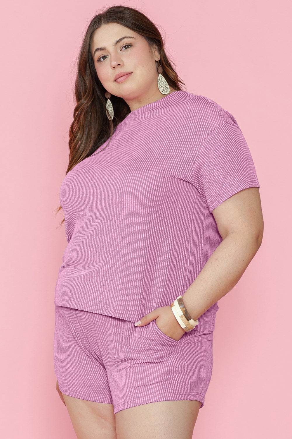 Plus Size Round Neck Short Sleeve Top and Shorts Set - DaTrendStore.Com