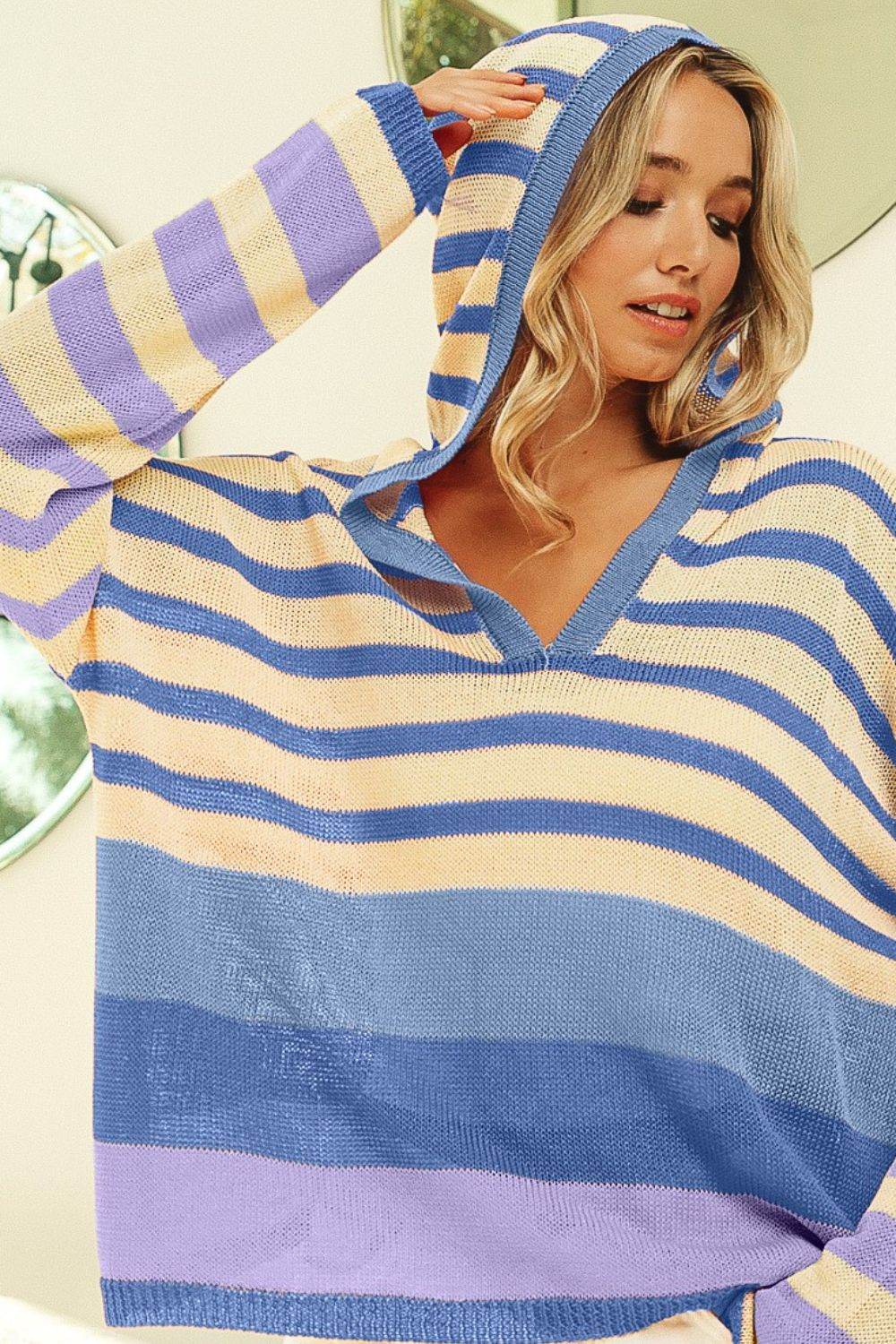 BiBi Striped Color Block Hooded Knit Top - DaTrendStore.Com