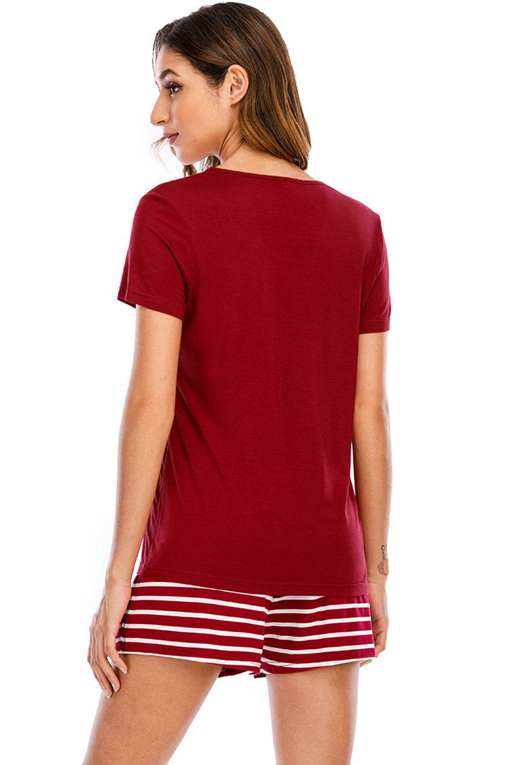 Graphic Round Neck Top and Striped Shorts Lounge Set - DaTrendStore.Com