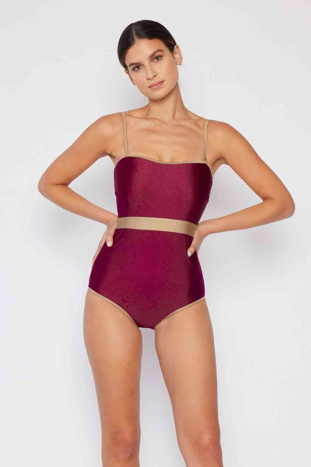 Marina West Swim Wave Break Contrast Trim One-Piece in Wine - DaTrendStore.Com