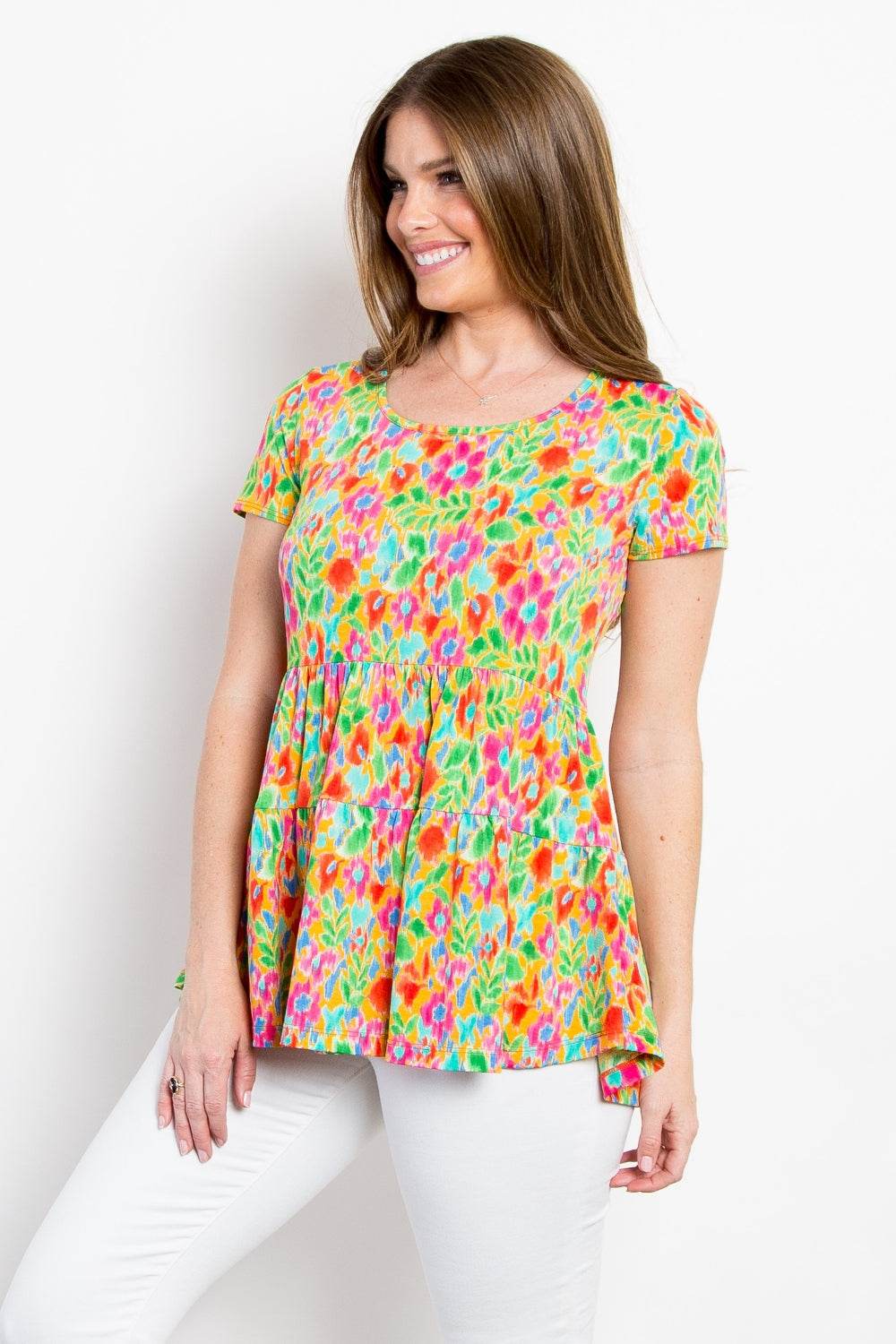 Be Stage Floral Short Sleeve Babydoll Top - DaTrendStore.Com