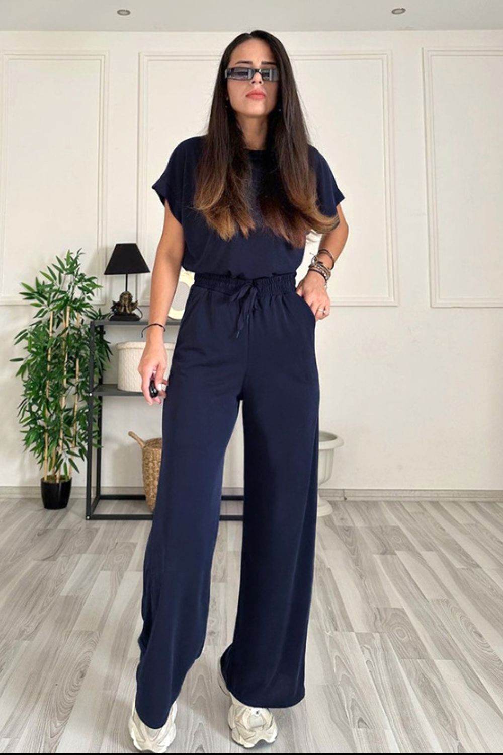 Round Neck Short Sleeve Top and Drawstring Pants Set - DaTrendStore.Com