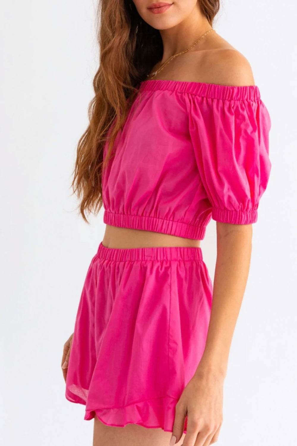 Le Lis Off Shoulder Crop Top and Ruffled Shorts Set - DaTrendStore.Com
