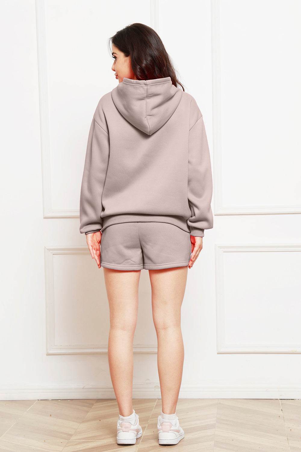 Drop Shoulder Long Sleeve Hoodie and Shorts Set - DaTrendStore.Com