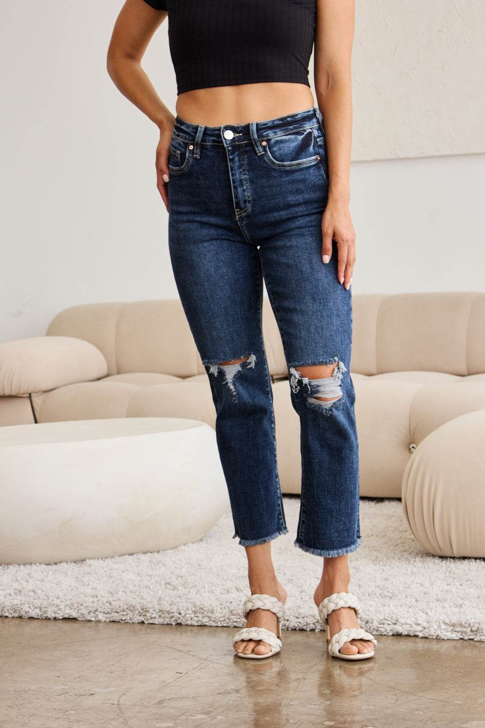 RFM Crop Dylan Full Size Tummy Control Distressed High Waist Raw Hem Jeans - DaTrendStore.Com