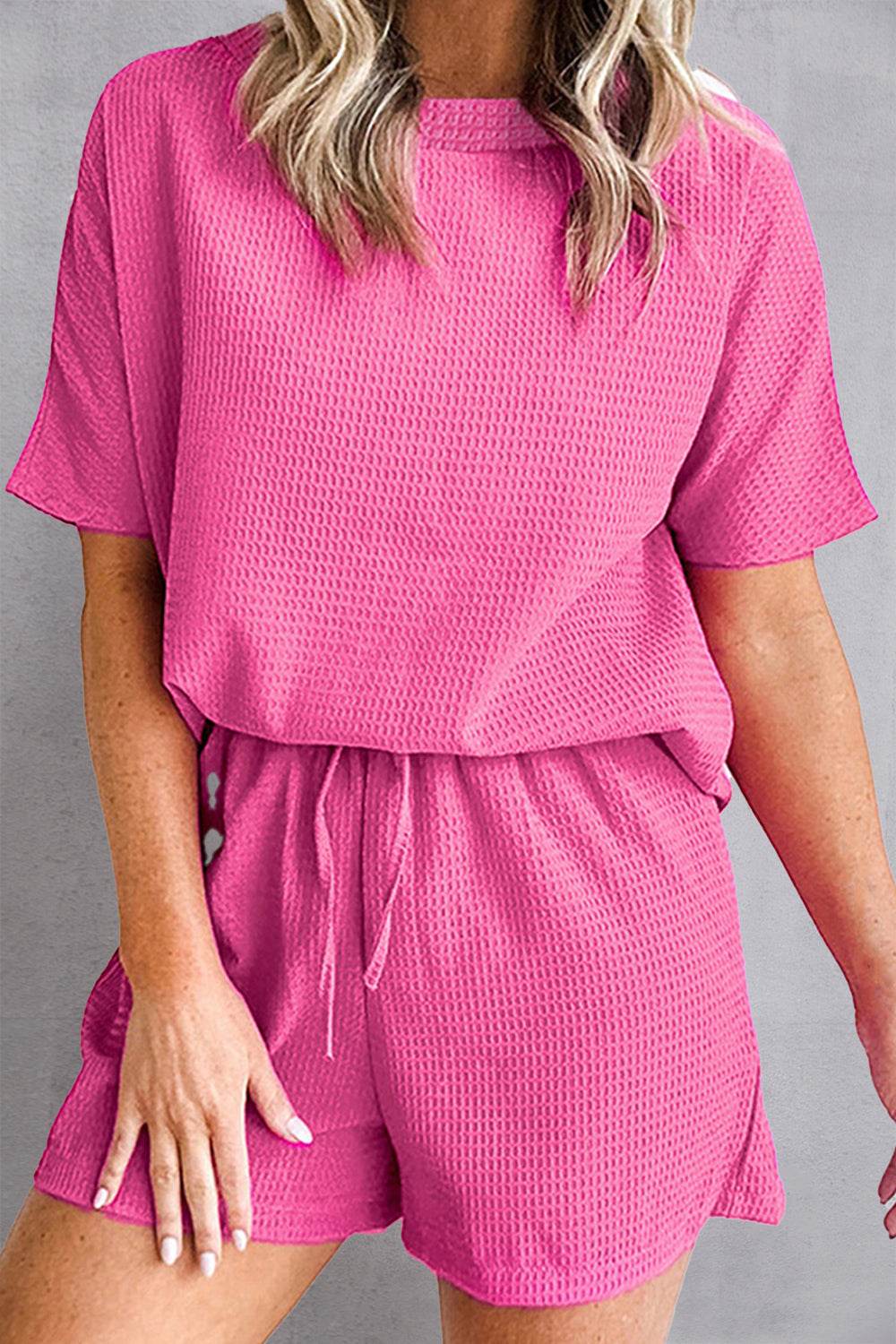 Waffle-Knit Round Neck Top and Shorts Set - DaTrendStore.Com