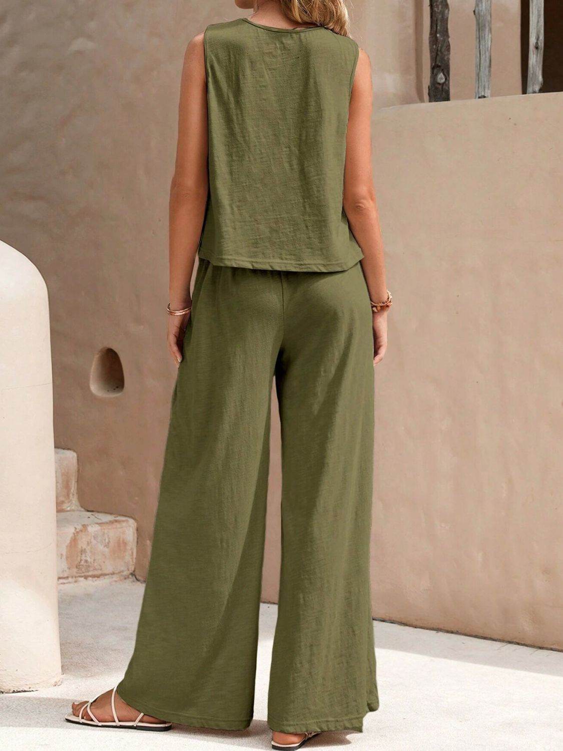 Round Neck Sleeveless Top and Wide Leg Pants Set - DaTrendStore.Com