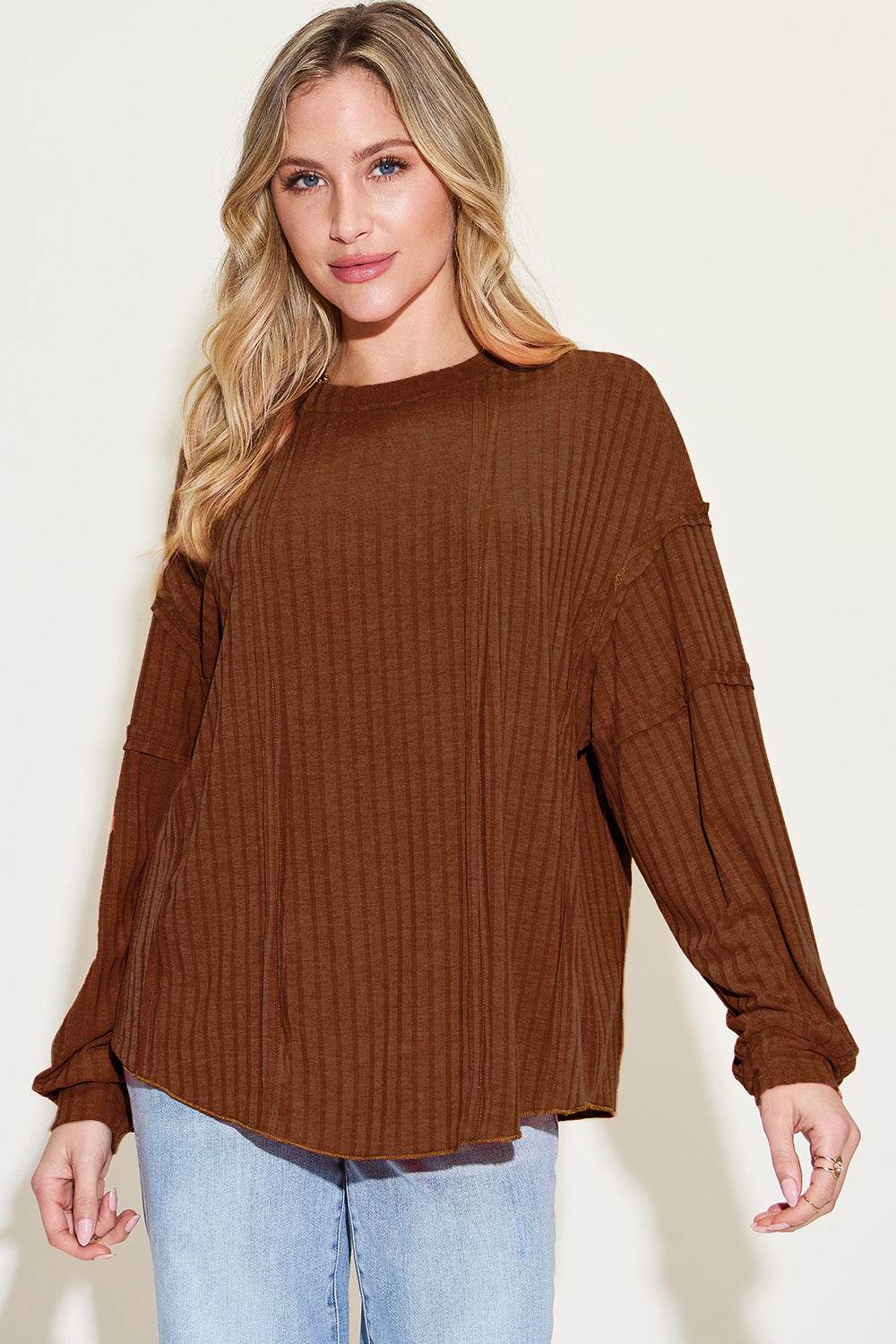 Basic Bae Full Size Ribbed Round Neck Long Sleeve T-Shirt - DaTrendStore.Com