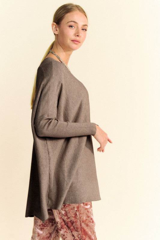 Davi & Dani Round Neck Dropped Shoulder Long Sleeve Knit Top - DaTrendStore.Com