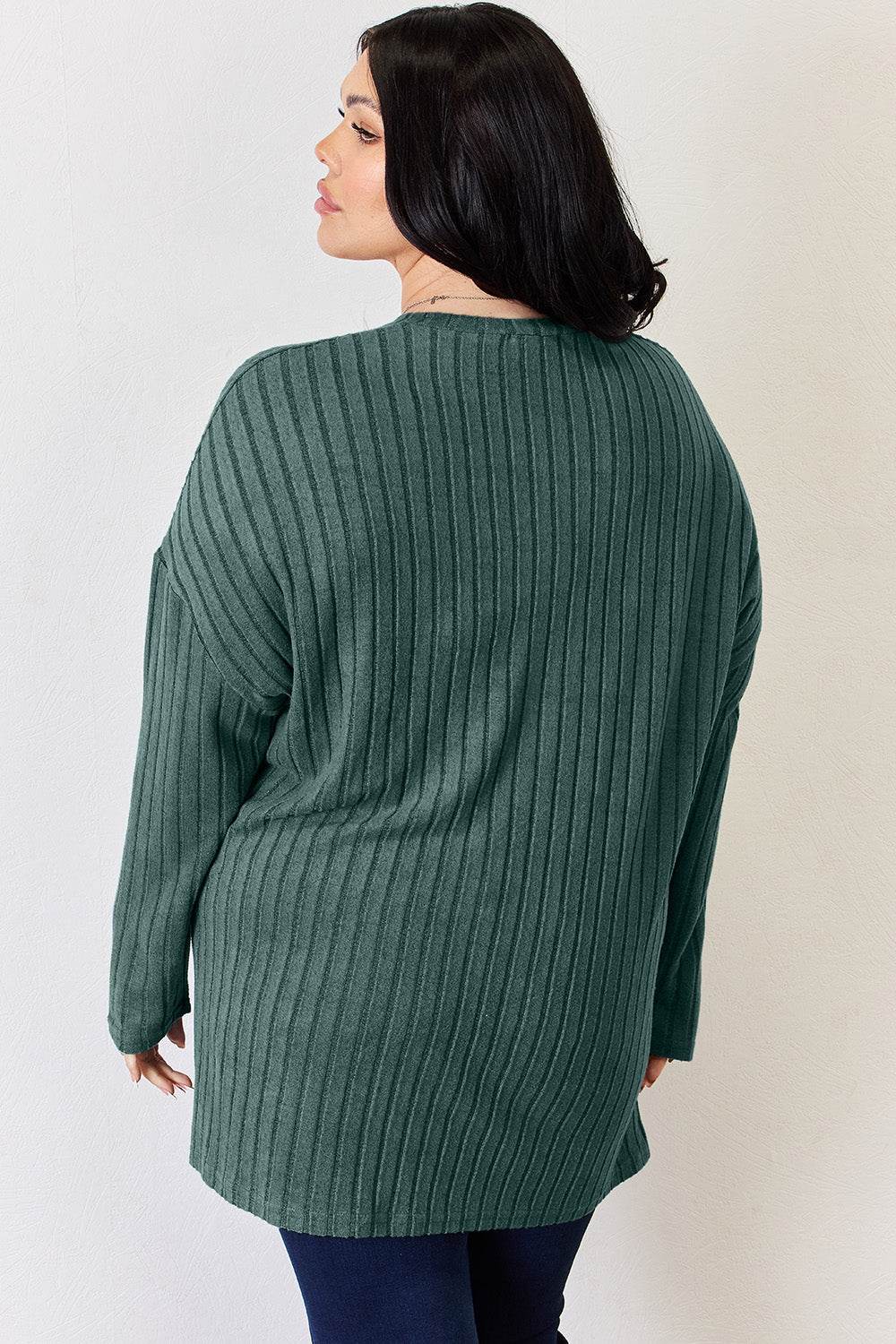 Basic Bae Full Size Ribbed Half Button Long Sleeve High-Low T-Shirt - DaTrendStore.Com