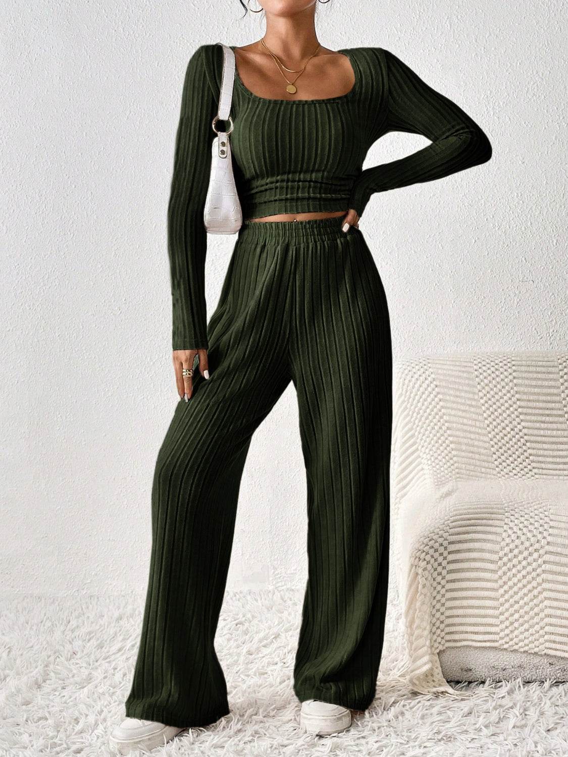 Honey Scoop Neck Long Sleeve Top and Pants Set - DaTrendStore.Com