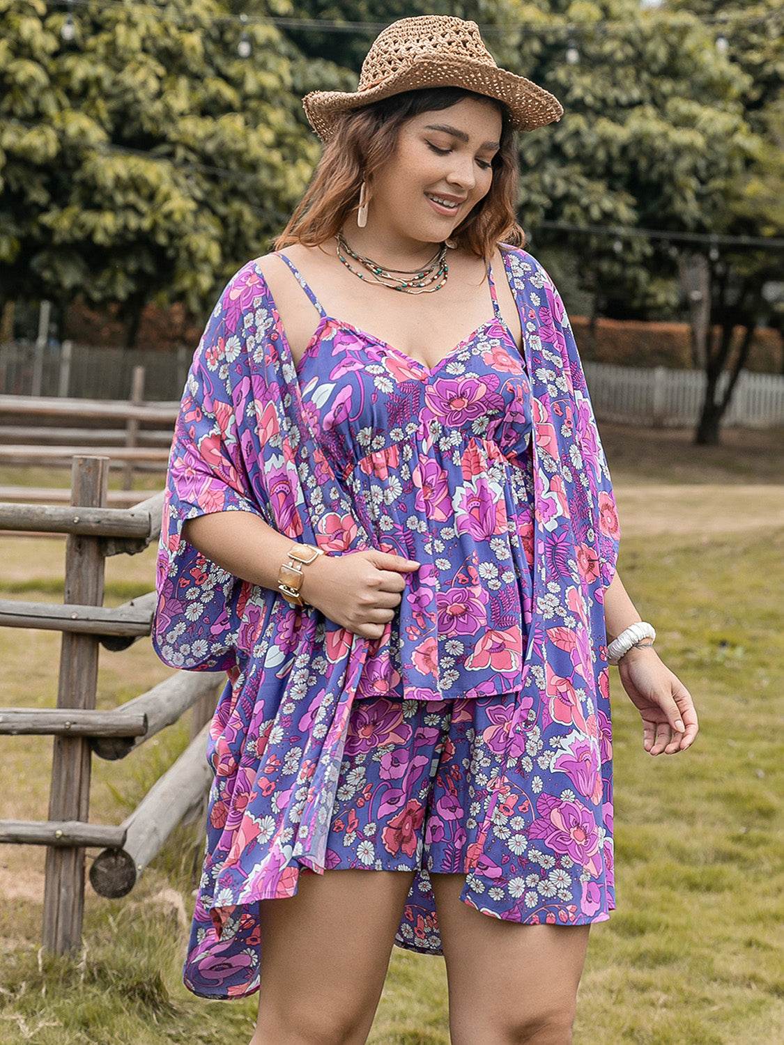 Plus Size Printed Cami, Open Front Cover Up and Shorts Set - DaTrendStore.Com