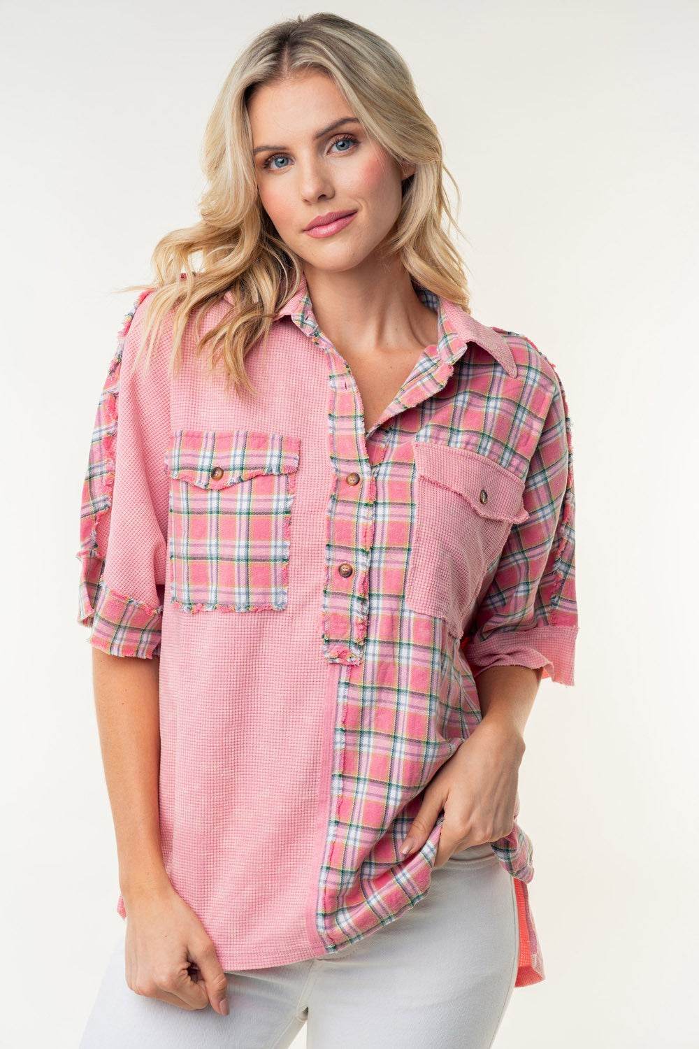 White Birch Plaid Color Block Half Button Top - DaTrendStore.Com