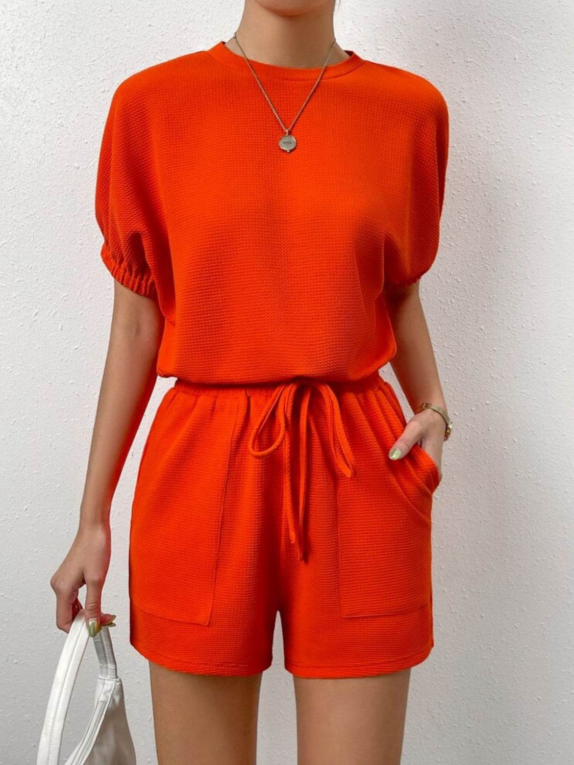 Waffle-Knit Round Neck T-Shirt and Pocketed Shorts Lounge Set - DaTrendStore.Com