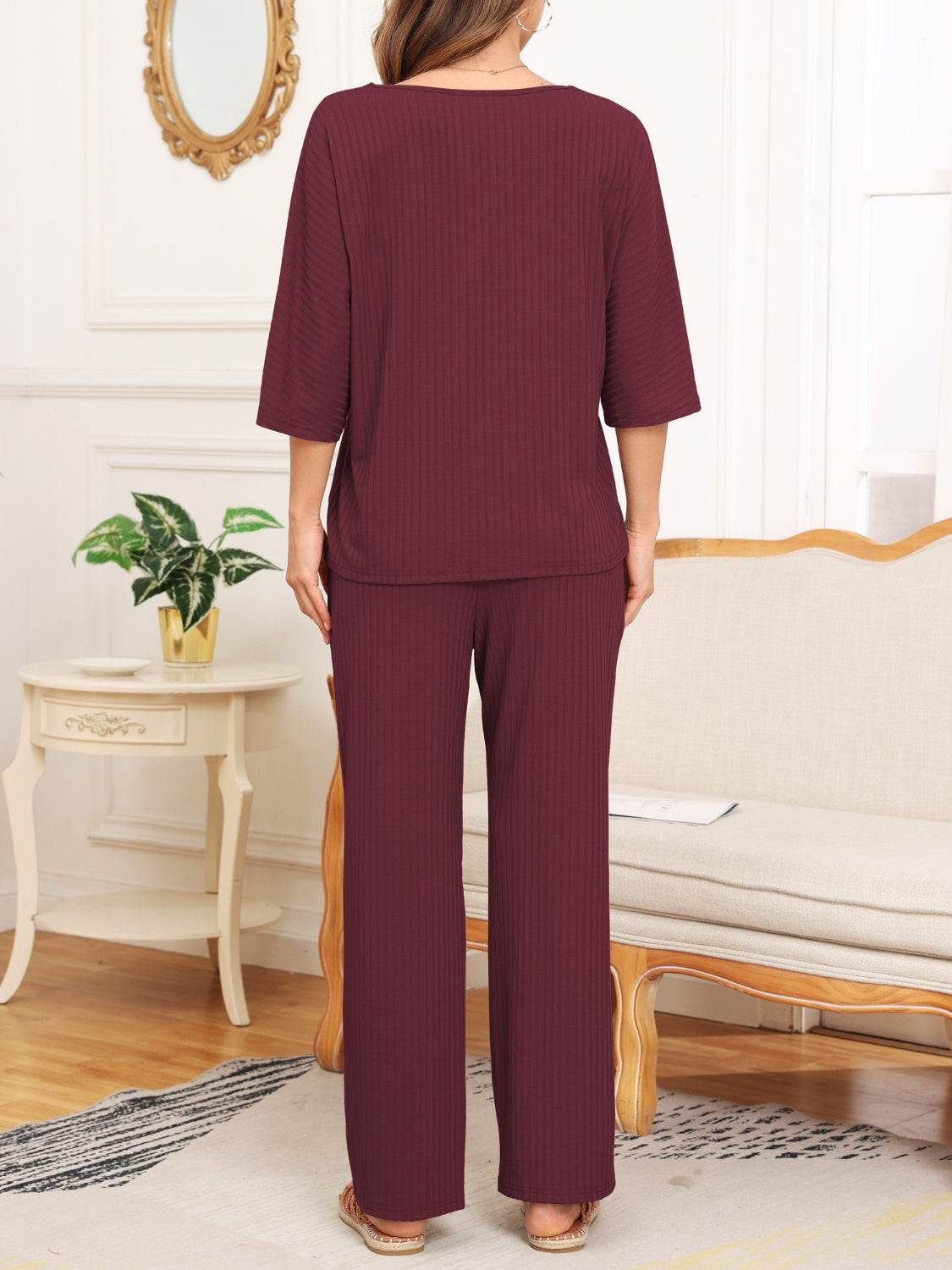 Ribbed Half Sleeve Top and Pocketed Pants Set - DaTrendStore.Com