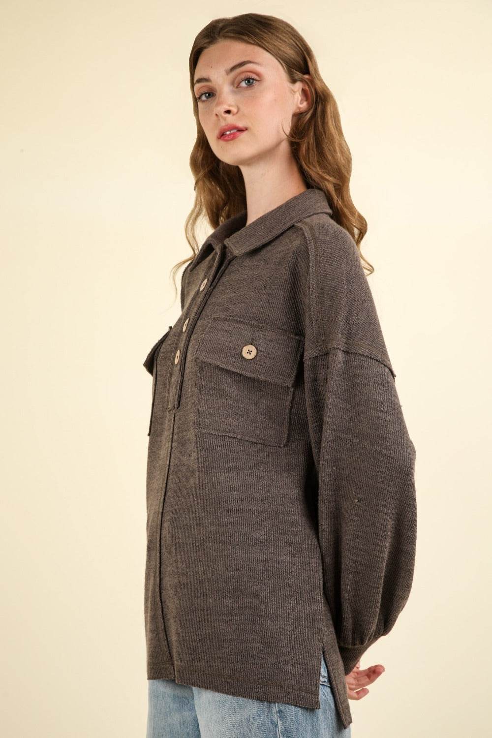 VERY J Collared Half Button Knit Top with Pockets - DaTrendStore.Com