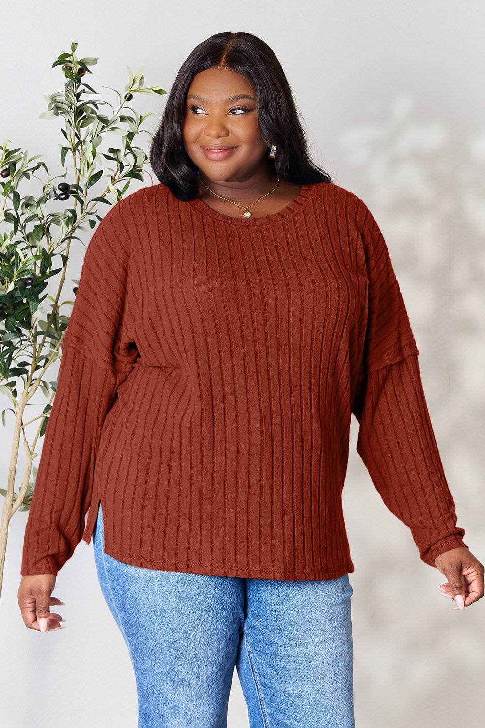 Basic Bae Full Size Ribbed Round Neck Slit Knit Top - DaTrendStore.Com