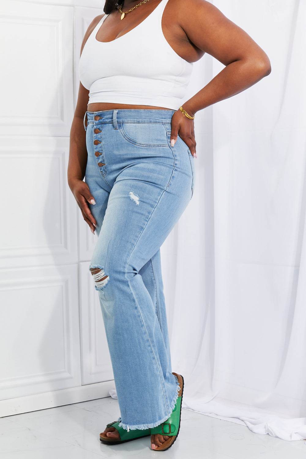 Vibrant MIU Full Size Jess Button Flare Jeans - DaTrendStore.Com